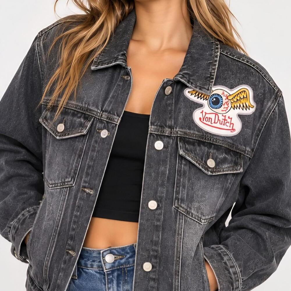 Vintage Von Dutch Denim Jacket Y2K Black Red Logo Graphic M